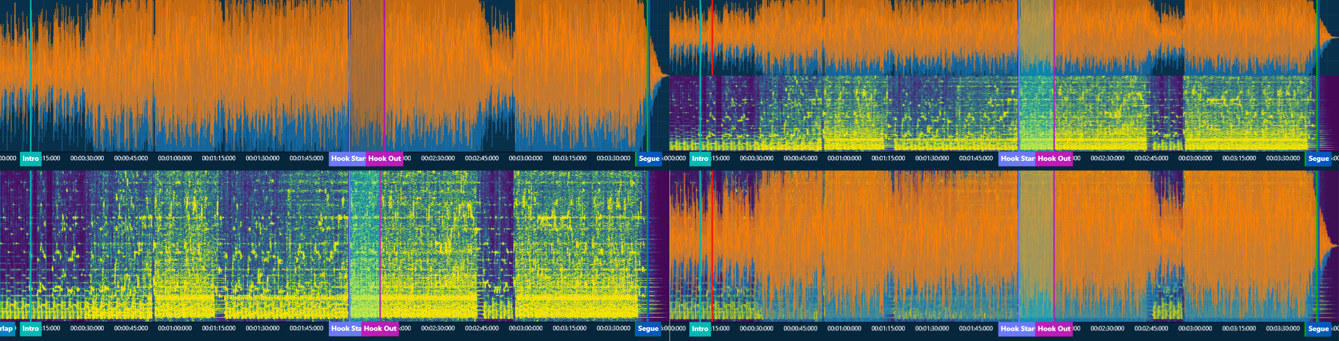 The same song, four ways. Spectral view often makes a vocal entry obvious when the waveform gives nothing away.