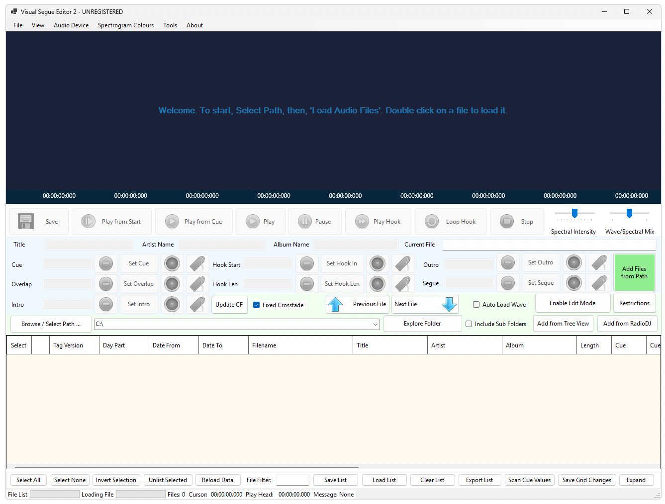 The main window. The file list runs along the bottom, the waveform sits in the middle, and the cue point buttons are down the side.
