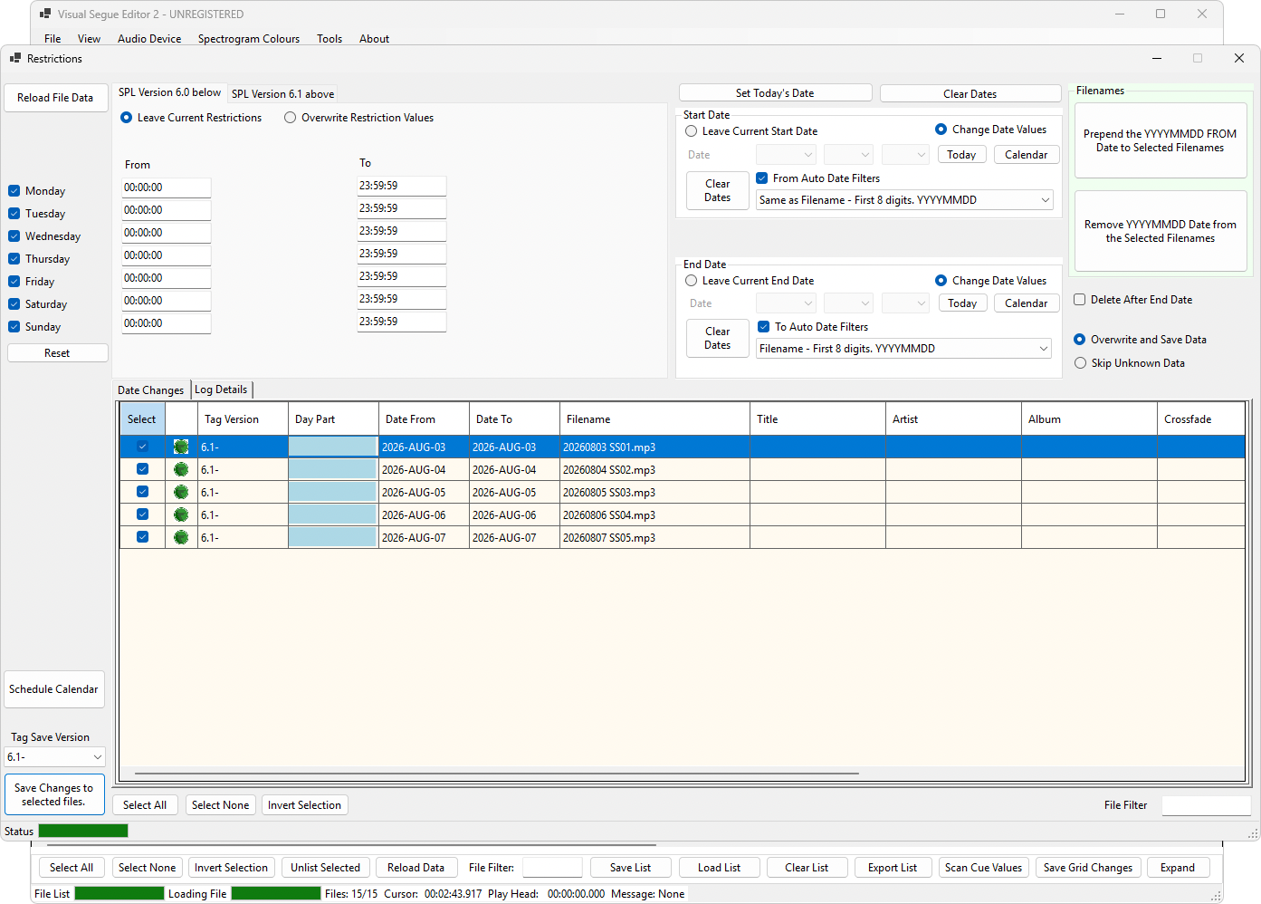 The restrictions window. Note the version drop-down at the bottom - it decides which StationPlaylist format gets written.